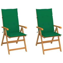 Chaises de jardin lot de 2 et coussins vert Bois de teck massif