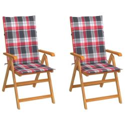 Chaises de jardin lot de 2 et coussins &agrave; carreaux rouges Teck