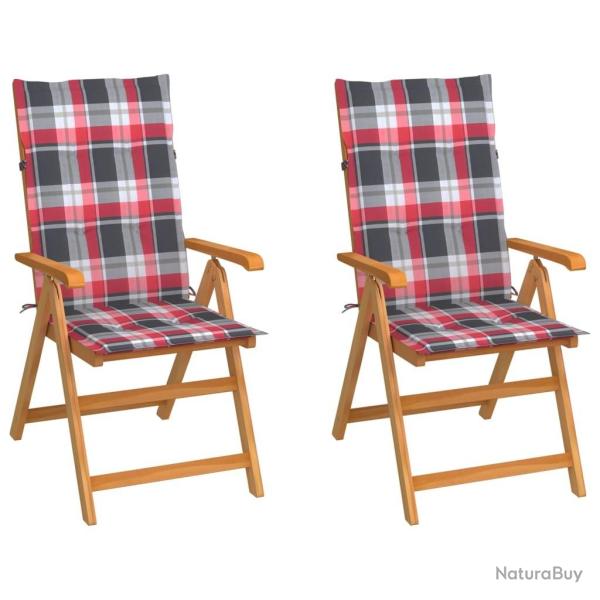 Chaises de jardin lot de 2 et coussins � carreaux rouges Teck