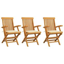 Chaises de jardin avec coussins cr&egrave;me lot de 3 Bois teck massif