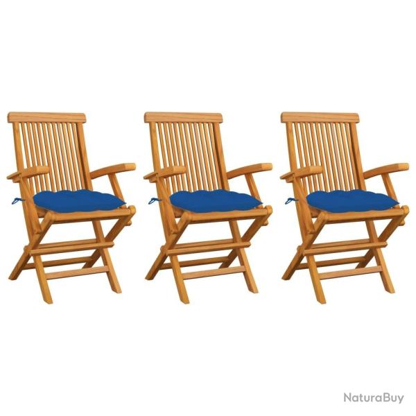 Chaises de jardin avec coussins bleu lot de 3 Bois teck massif