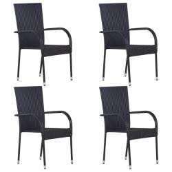 Chaises empilables d'ext&eacute;rieur lot de 4 R&eacute;sine tress&eacute;e Noir