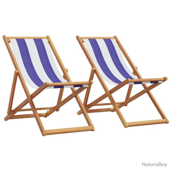 Chaises de plage pliantes lot de 2 bleu blanc tissu bois massif alsavelo
