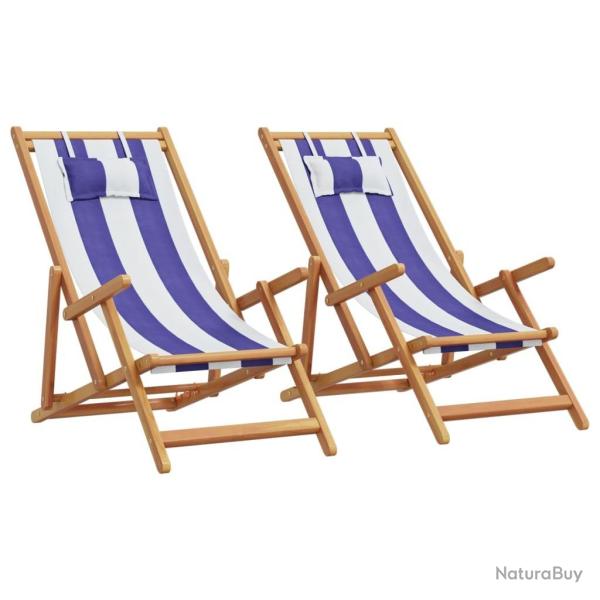 Chaises de plage pliantes lot de 2 bleu blanc tissu bois massif