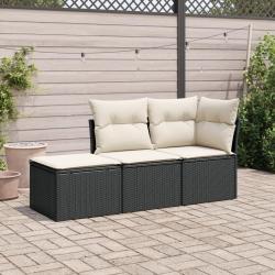 Salon de jardin 3 pcs avec coussins noir r&eacute;sine tress&eacute;e