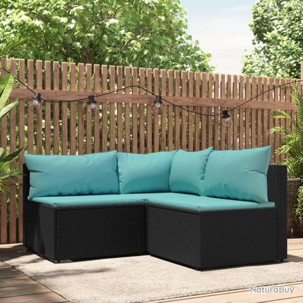 Salon de jardin 3 pcs avec coussins Noir R�sine tress�e