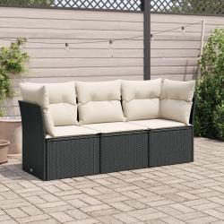 Salon de jardin 3 pcs avec coussins noir r&eacute;sine tress&eacute;e