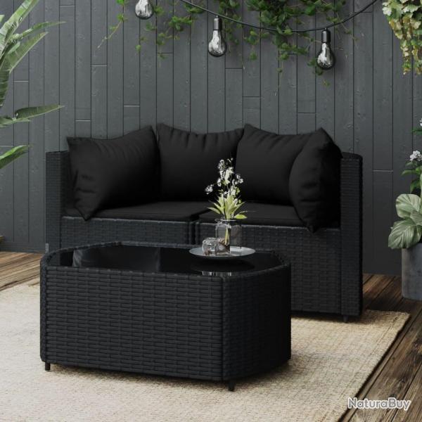 Salon de jardin 3 pcs avec coussins Noir R�sine tress�e alsavelo