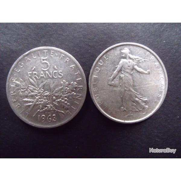 FRANCE = UNE PIECE  DE MONNAIE DE 5 FRANCS 1963 EN ARGENT