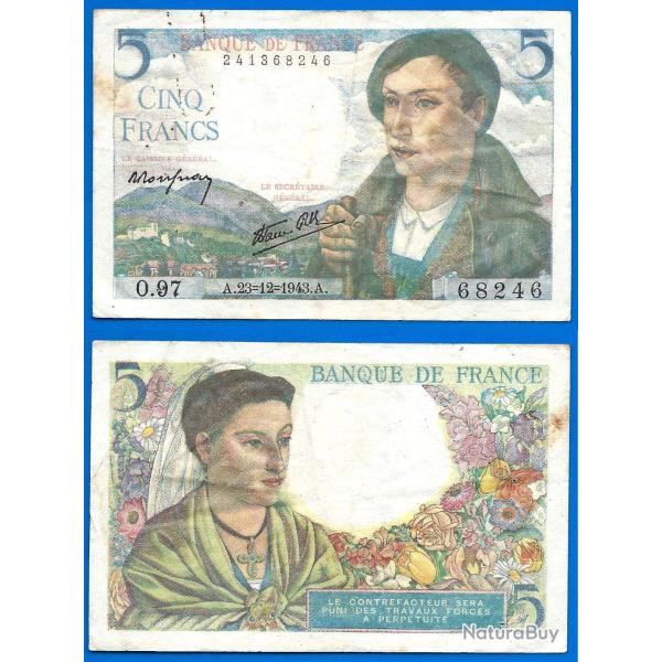 France 5 Francs 1943 23 D�cembre Billet Berger Franc Frcs Frc Frs