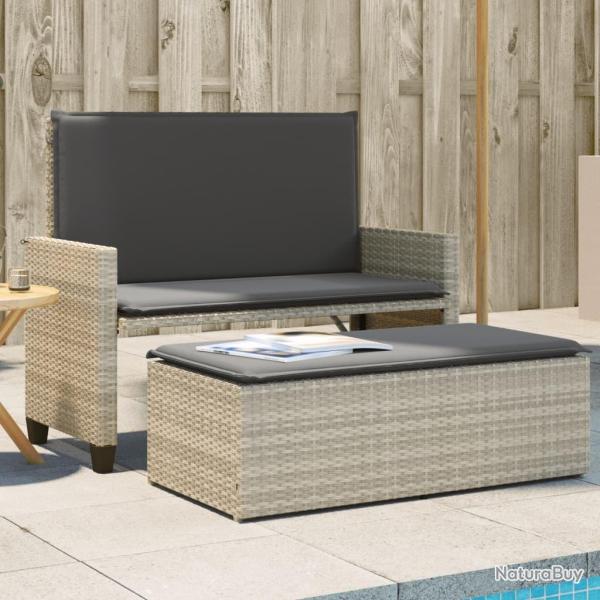 Banc de jardin et coussins et repose-pied gris clair poly rotin alsavelo