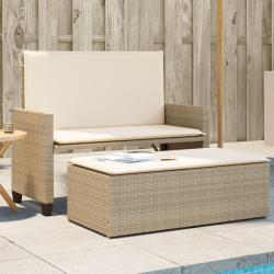 Banc de jardin et coussins et repose-pied beige r&eacute;sine tress&eacute;e