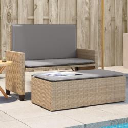 Banc de jardin et coussins et repose-pied beige r&eacute;sine tress&eacute;e