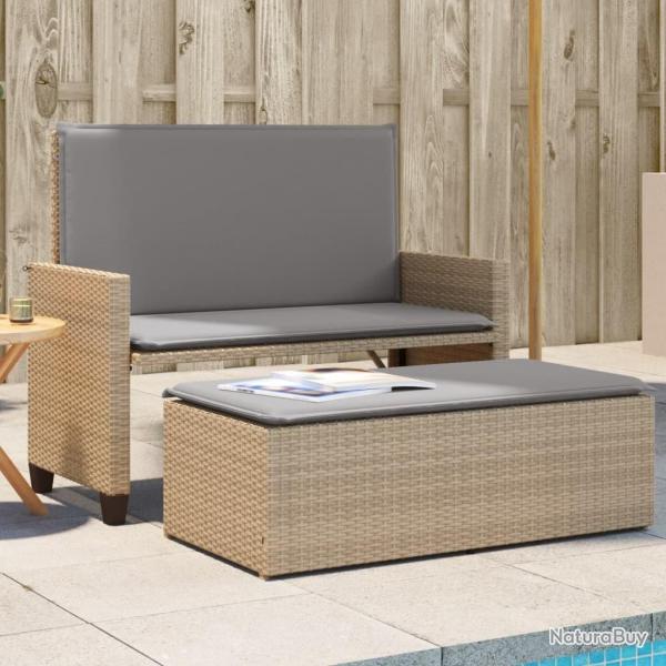 Banc de jardin et coussins et repose-pied beige r�sine tress�e