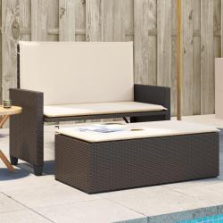 Banc de jardin et coussins et repose-pied marron r&eacute;sine tress&eacute;e