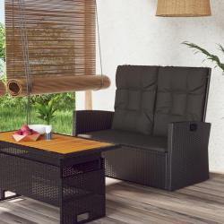 Banc de jardin inclinable et coussins noir 118cm r&eacute;sine tress&eacute;e