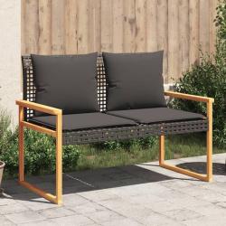 Banc de jardin avec coussin noir r&eacute;sine tress&eacute;e et acacia