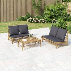 Banc de jardin avec coussins gris fonc&eacute; bambou