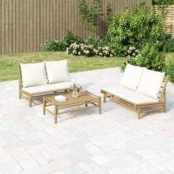 Banc de jardin avec coussins blanc cr&egrave;me bambou
