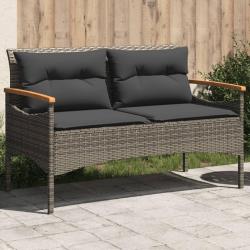 Banc de jardin avec coussins 116x62,5x74 cm gris r&eacute;sine tress&eacute;e