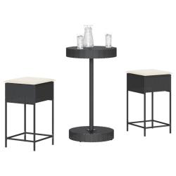 bar de jardin 3 pcs avec coussins noir poly rotin