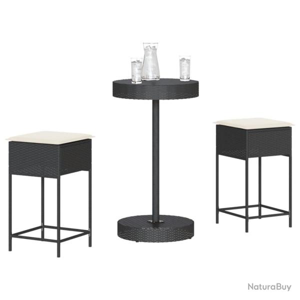 bar de jardin 3 pcs avec coussins noir poly rotin