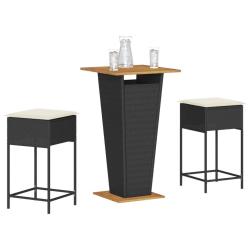 bar de jardin 3 pcs avec coussins noir poly rotin