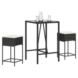 bar de jardin 3 pcs avec coussins noir poly rotin