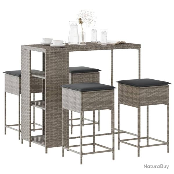 bar de jardin 5 pcs avec coussins gris poly rotin alsavelo