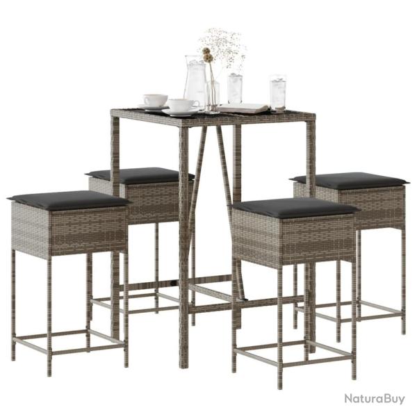 bar de jardin 5 pcs avec coussins gris poly rotin alsavelo