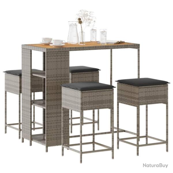 bar de jardin 5 pcs avec coussins gris poly rotin alsavelo
