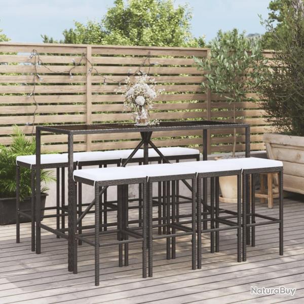 bar de jardin 9 pcs avec coussins noir poly rotin alsavelo