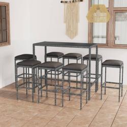 bar de jardin 9 pcs et coussins R&eacute;sine tress&eacute;e Gris