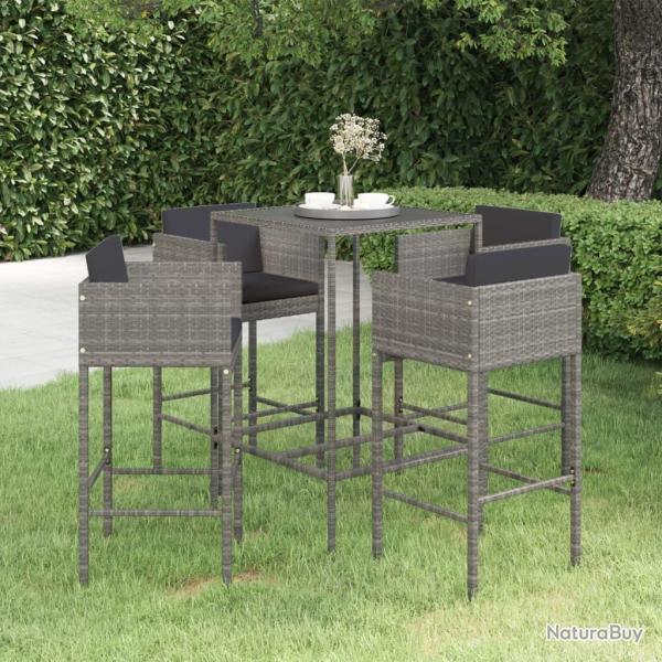 bar de jardin 5 pcs et coussins R�sine tress�e Gris