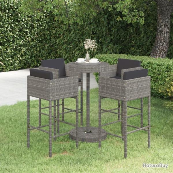 bar de jardin 5 pcs et coussins R�sine tress�e Gris