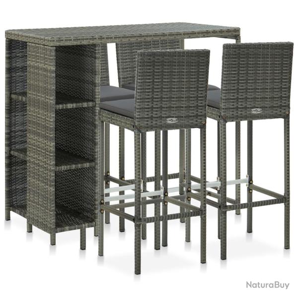 bar de jardin 5 pcs et coussins R�sine tress�e Gris