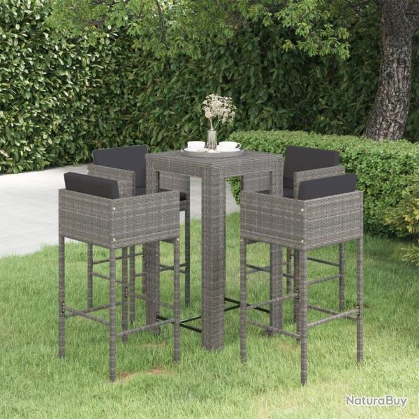 bar de jardin 5 pcs et coussins R�sine tress�e Gris alsavelo