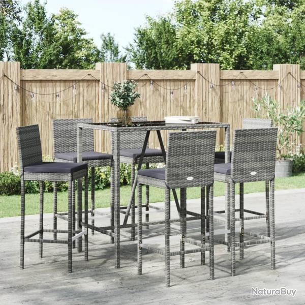 bar de jardin 7 pcs avec coussins gris poly rotin alsavelo