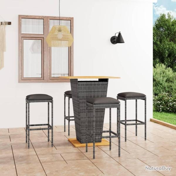 bar de jardin 5 pcs et coussins R�sine tress�e Gris alsavelo