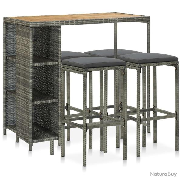 Ensemble de bar de jardin 5 pcs et coussins R�sine tress�e Gris