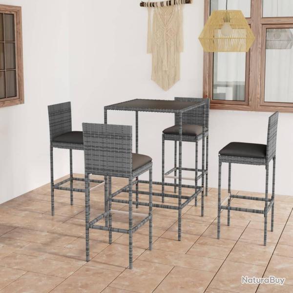 bar de jardin 5 pcs et coussins R�sine tress�e Gris alsavelo