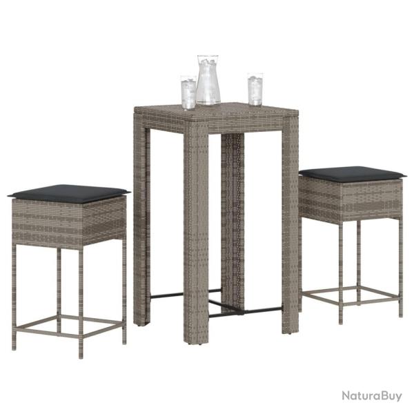 bar de jardin 3 pcs et coussins gris r�sine tress�e
