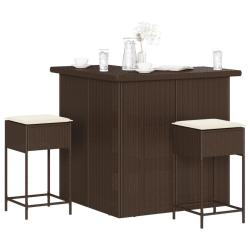 bar de jardin 3 pcs et coussins brun r&eacute;sine tress&eacute;e