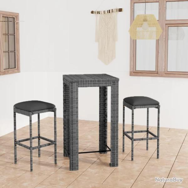 bar de jardin 3 pcs et coussins R�sine tress�e Gris