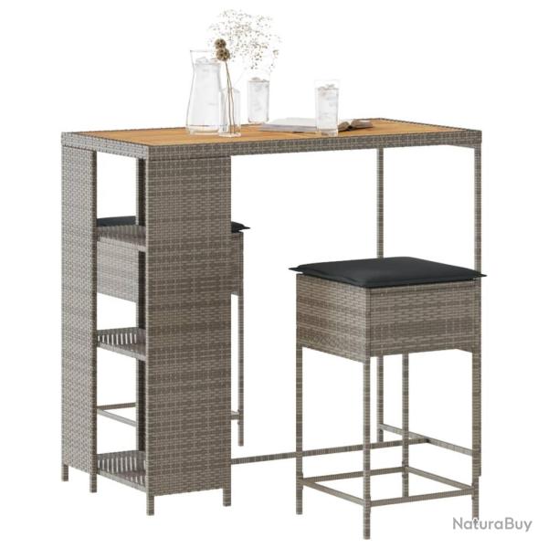 bar de jardin 3 pcs et coussins gris r�sine tress�e