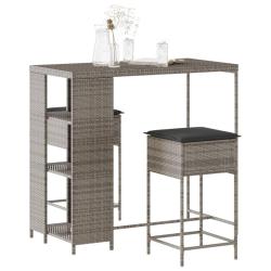 bar de jardin 3 pcs et coussins gris r&eacute;sine tress&eacute;e