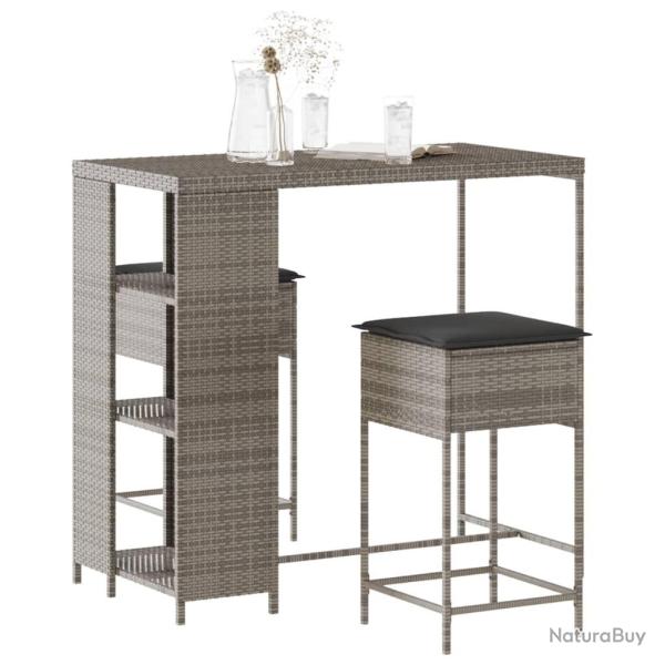 bar de jardin 3 pcs et coussins gris r�sine tress�e