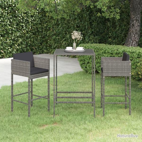 bar de jardin 3 pcs et coussins R�sine tress�e Gris