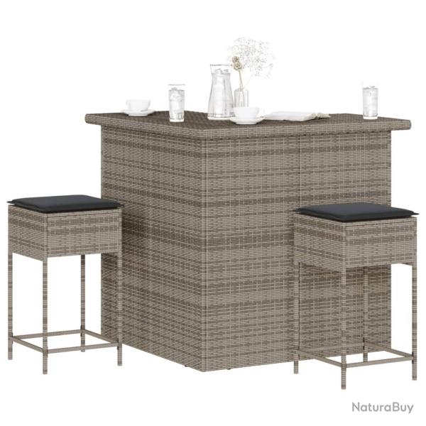 bar de jardin 3 pcs et coussins gris r�sine tress�e