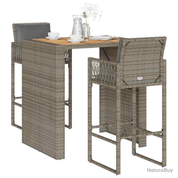 bar de jardin 3 pcs et coussins gris r�sine tress�e